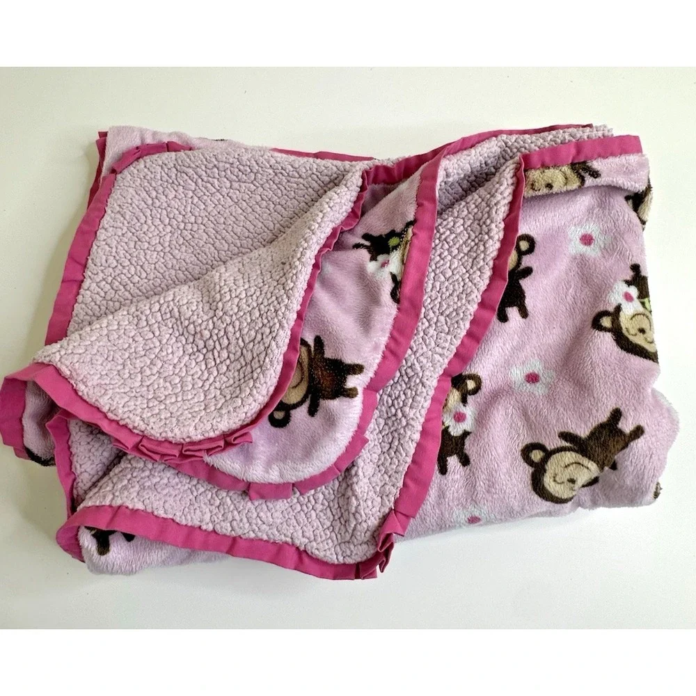 Carters Pink Sherpa Monkey Baby Blanket Flowers Smiling Hard to Find